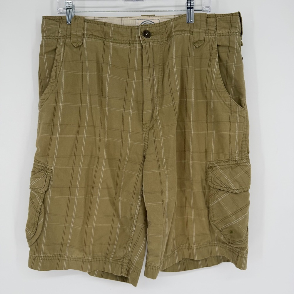 Life is Good Mens Cargo Shorts Olive Green Plaid Relaxed Cotton Size Large